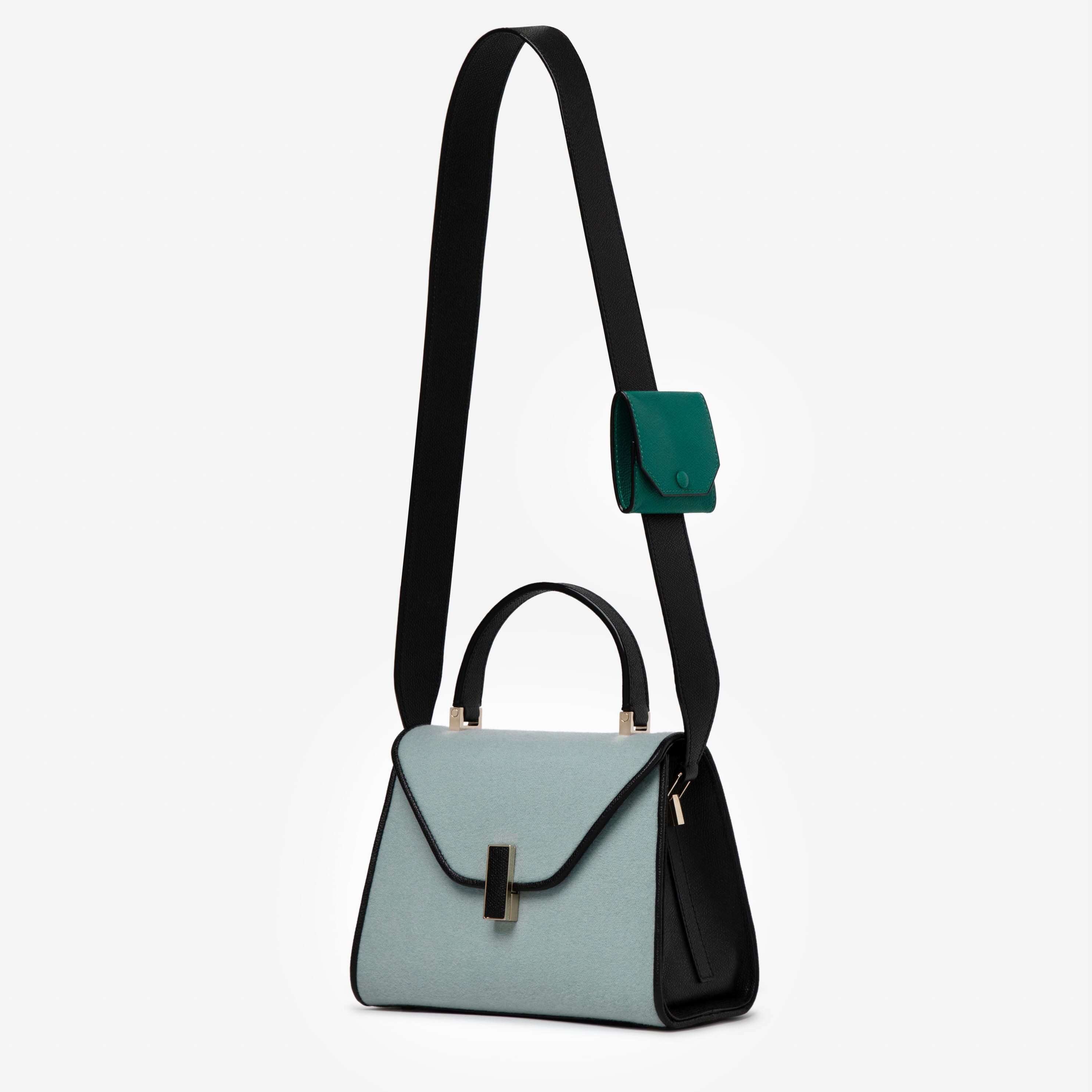Iside Mini Cashmere Bag - Cornflower Blue/Black/Emerald Green - Lana double/Vitello VS - Valextra - 4