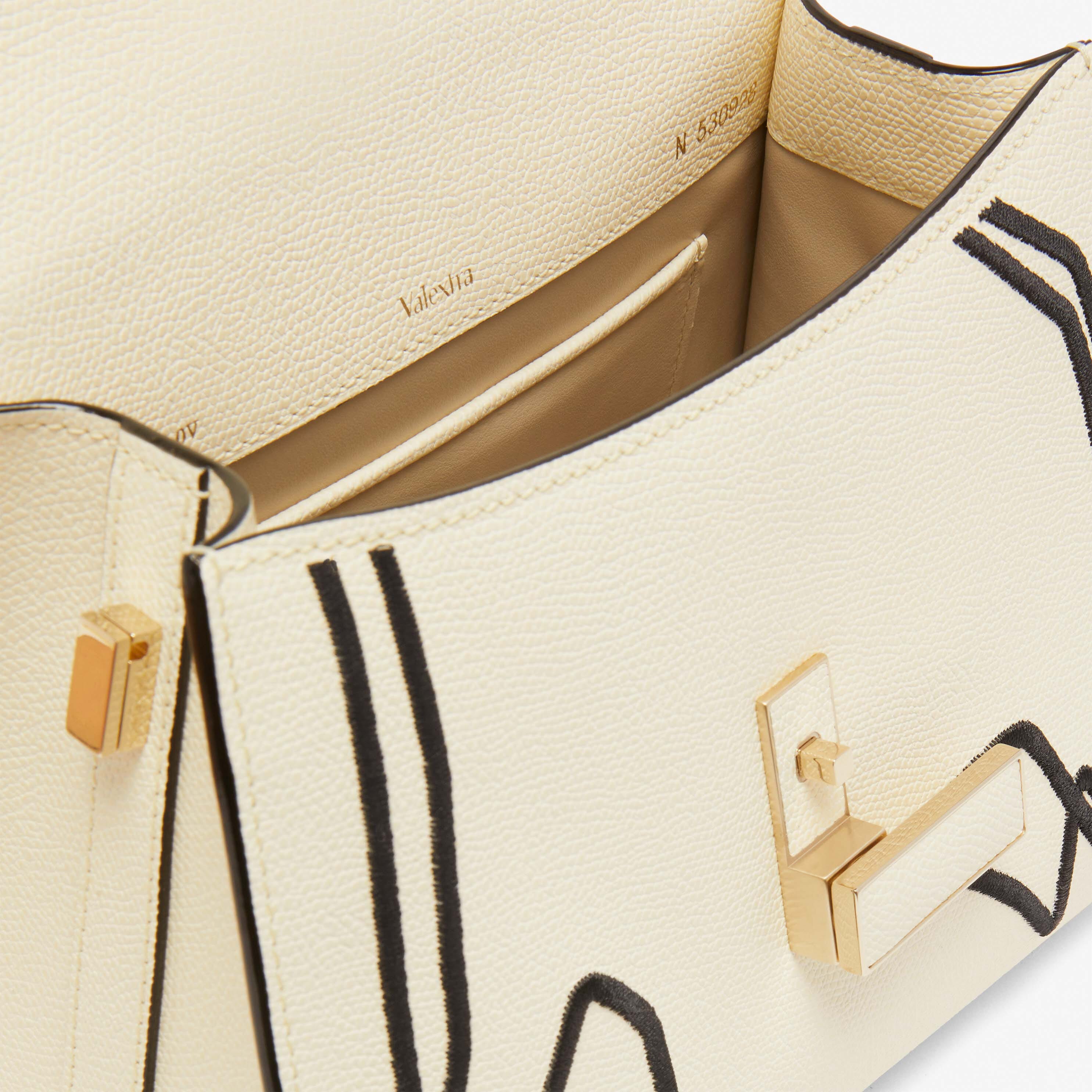 Iside Pansy Embroidery top handle mini bag - Pergamena White/Black - Vitello VS-Ricamo Fiori - Valextra - 2