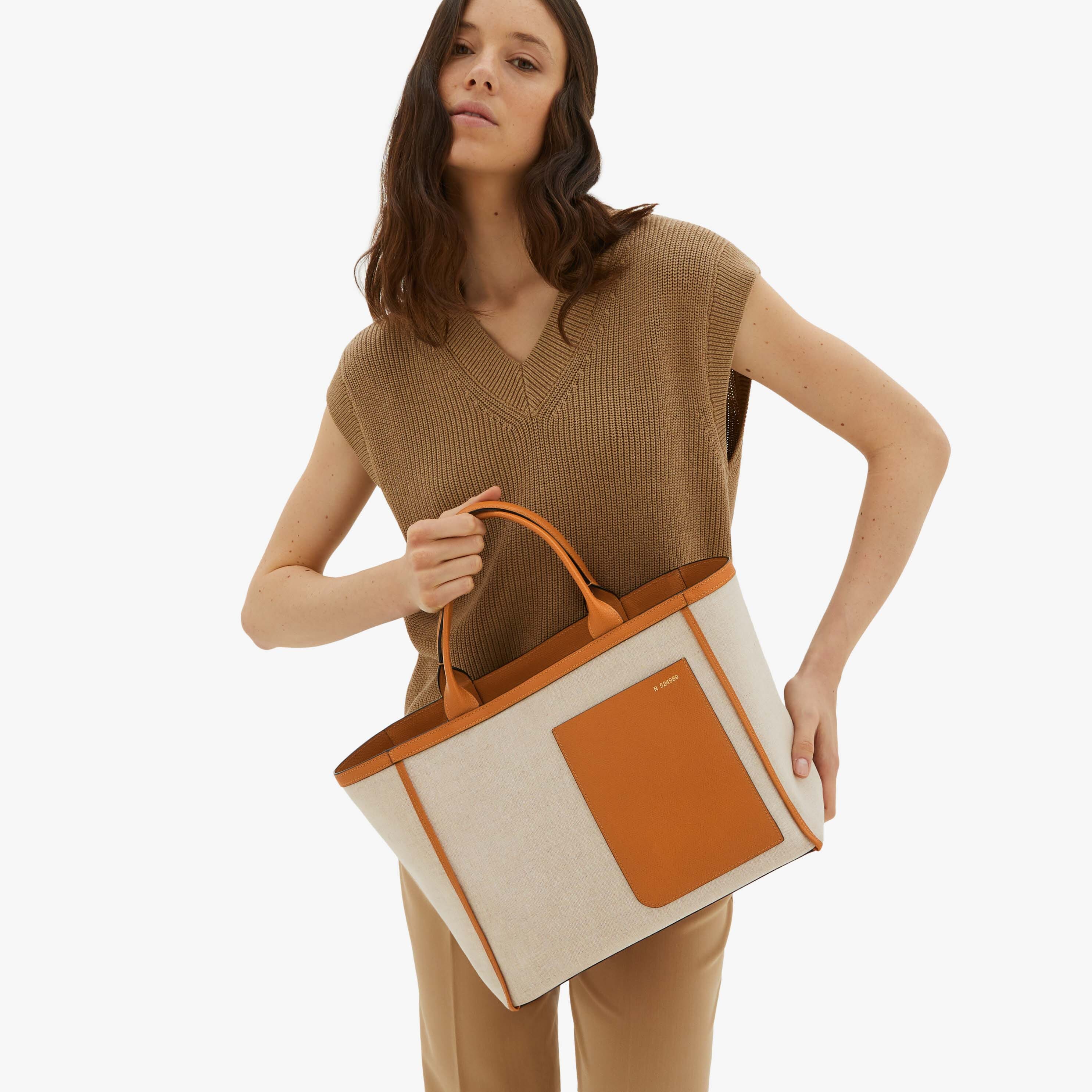 Shopping Medium Bag Canvas - Sand Brown/Havana Brown - Tessuto Canvas/VS - Valextra - 2