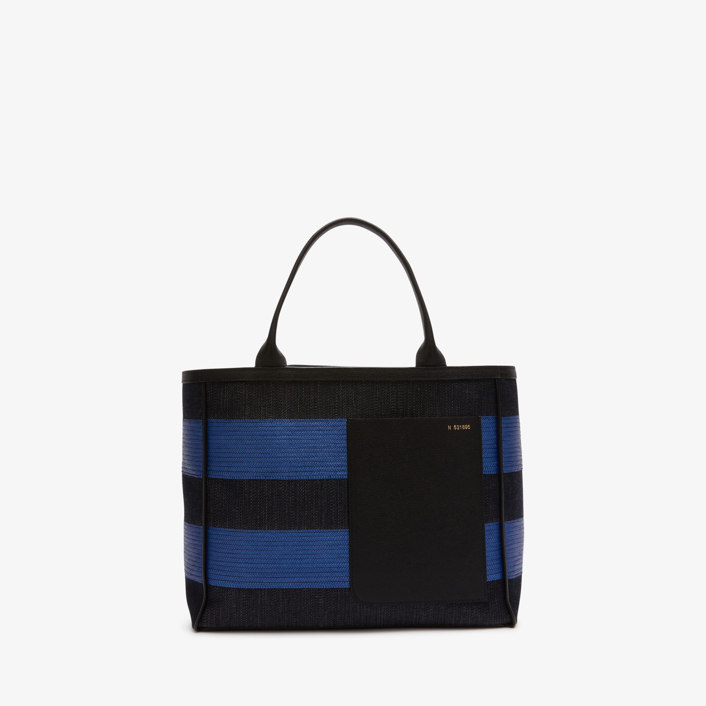 Tote Bag Denim Stripe Medium - Black/Royal Blue - Tessuto Denim/Vitello VS - Valextra - 1