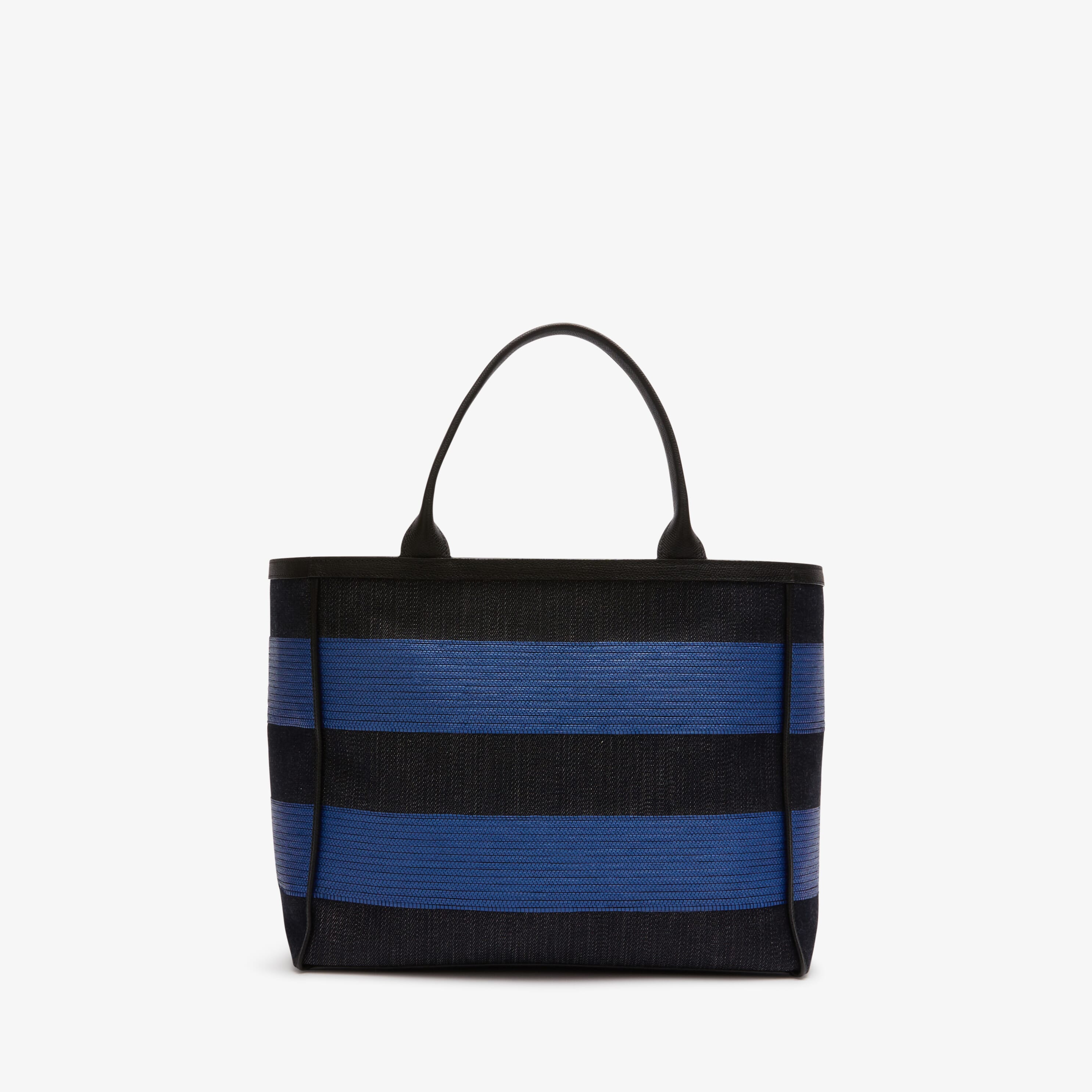 Tote Bag Denim Stripe Medium - Black/Royal Blue - Tessuto Denim/Vitello VS - Valextra - 6