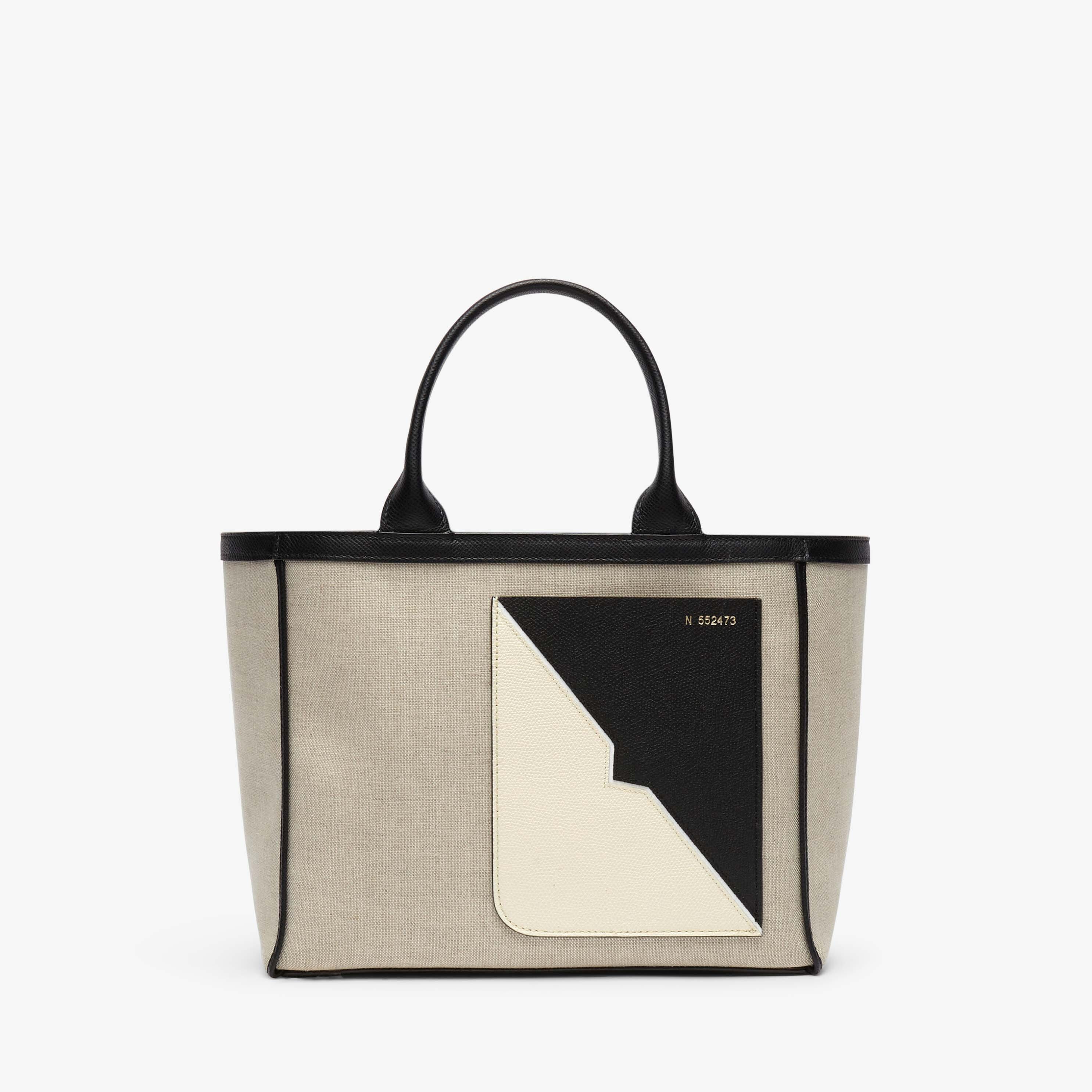 Soft Canvas V Tote Mini Bag - Sand Brown/Black/Pergamena White - Tessuto Canvas/Vitello VS Intarsio V New - Valextra - 1