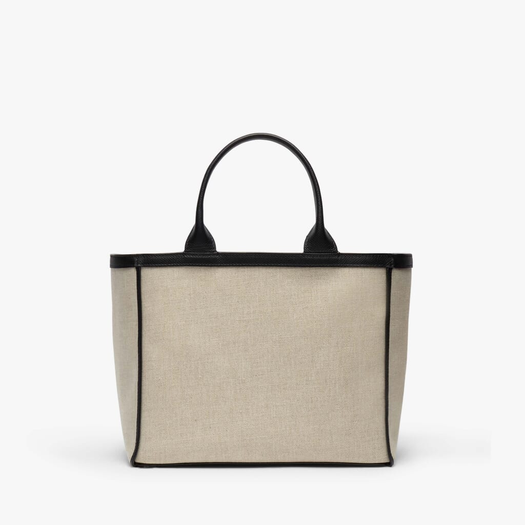 Valextra, Mini Shopping New Canvas Fabric/Calf Leather Vs Intarsia Pocket, Sabbia/Nero/Pergamena