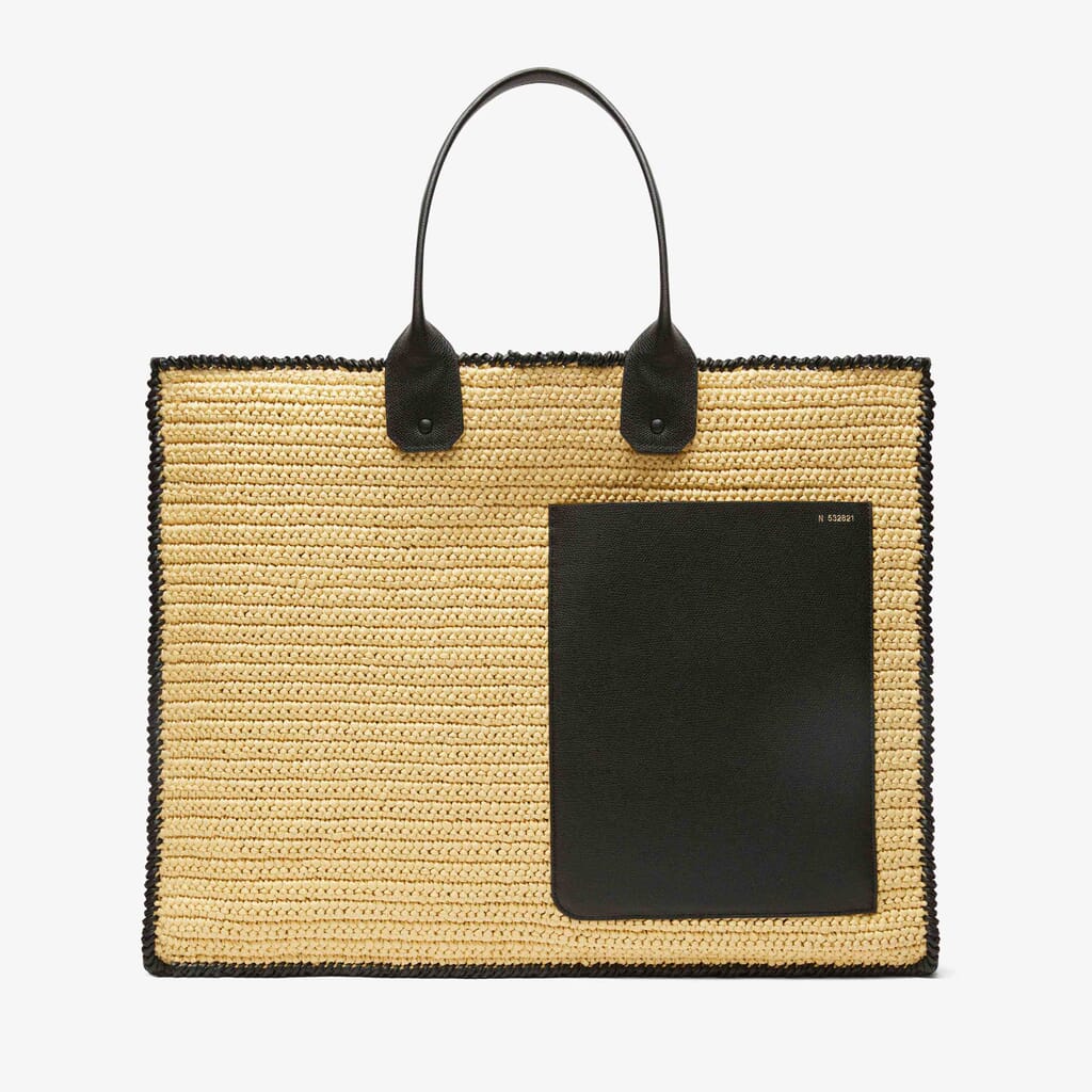 V Logo Signature Medium Raffia Leather Tote Bag in Beige